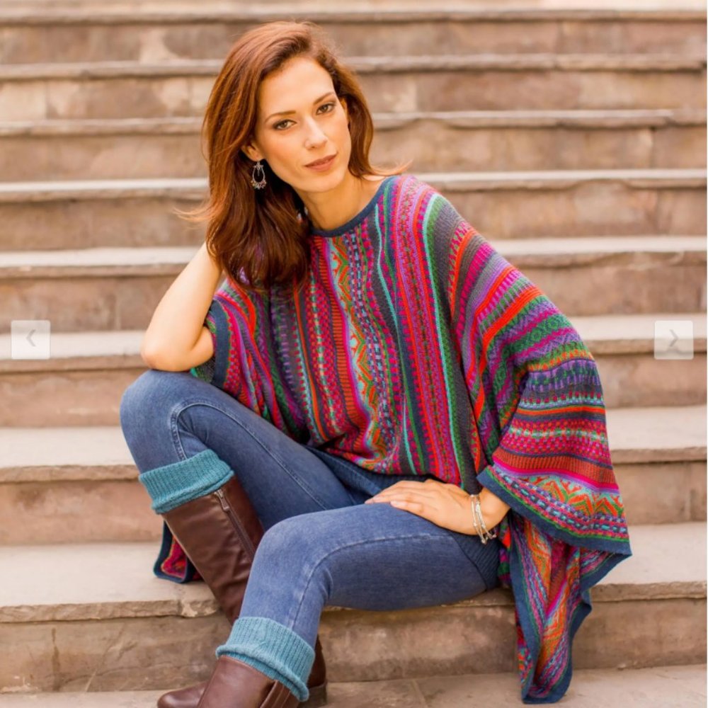 Large / XL Novica Colorful Striped Dolman Sleeve Sweater Poncho Size L/XL